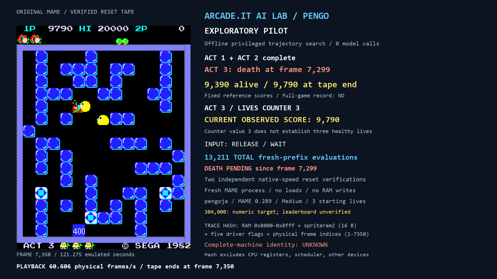 Pengo video revision 2 showing the permanent death warning, separate scores and declared trace hash coverage